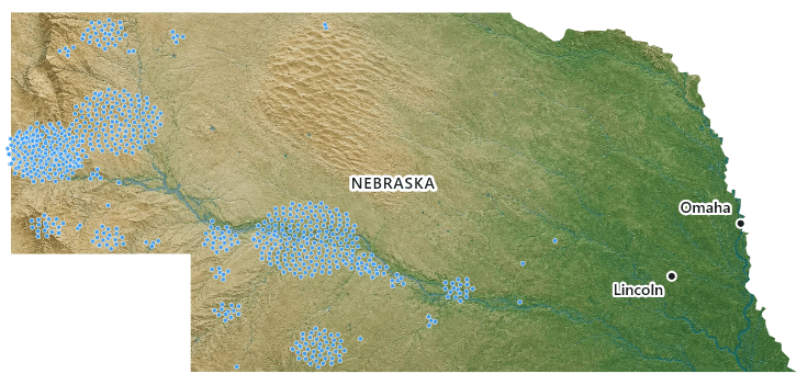 Map of Nebraska dotted with every home where American Remodeling has completed an exterior remodeling project