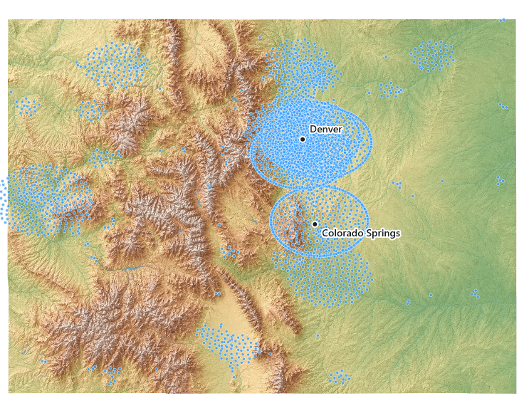 Map of Colorado dotted with every home where American Remodeling has completed an exterior remodeling project