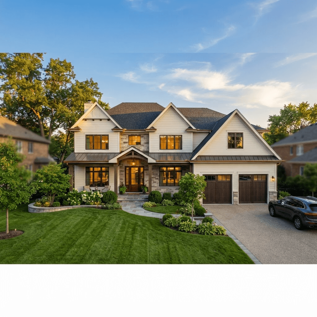 Beautifully remodeled home exterior at golden hour
