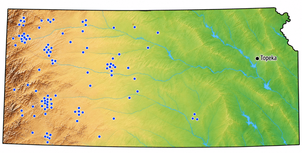 Map of Kansas dotted with every home where American Remodeling has completed an exterior remodeling project