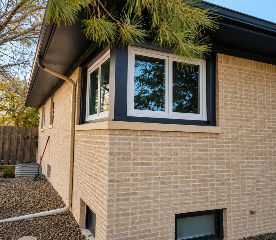 White slider windows with black exterior wraps installed on a tan brick home