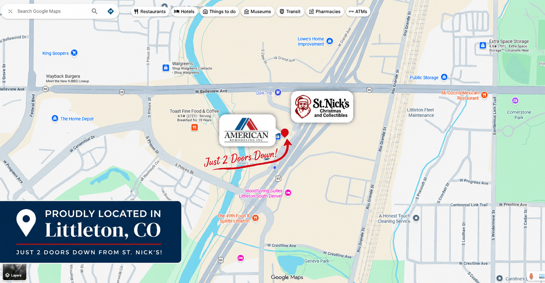 Map showing American Remodeling, Inc. located in Littleton, CO, just two doors down from St. Nick's Christmas and Collectibles
