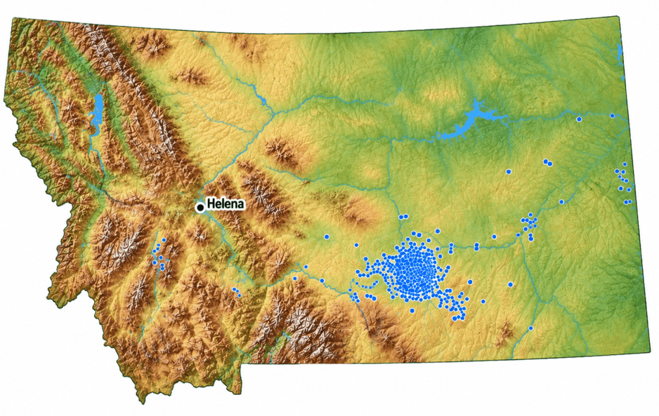Map of Montana dotted with every home where American Remodeling has completed an exterior remodeling project