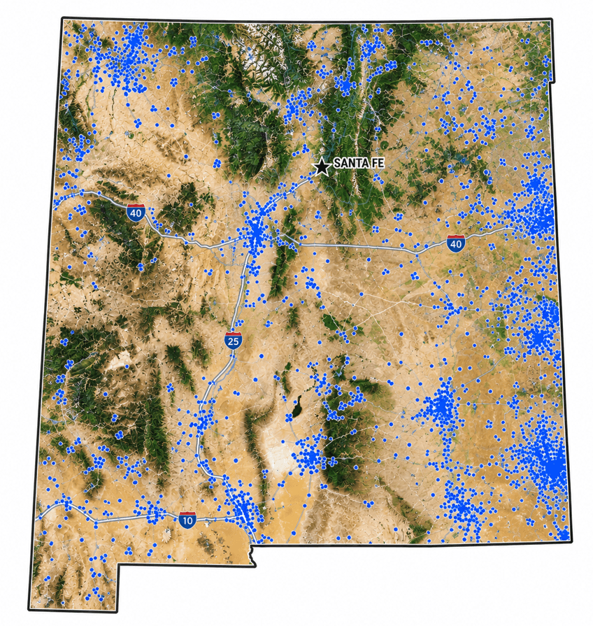 Map of New Mexico dotted with every home where American Remodeling has completed an exterior remodeling project