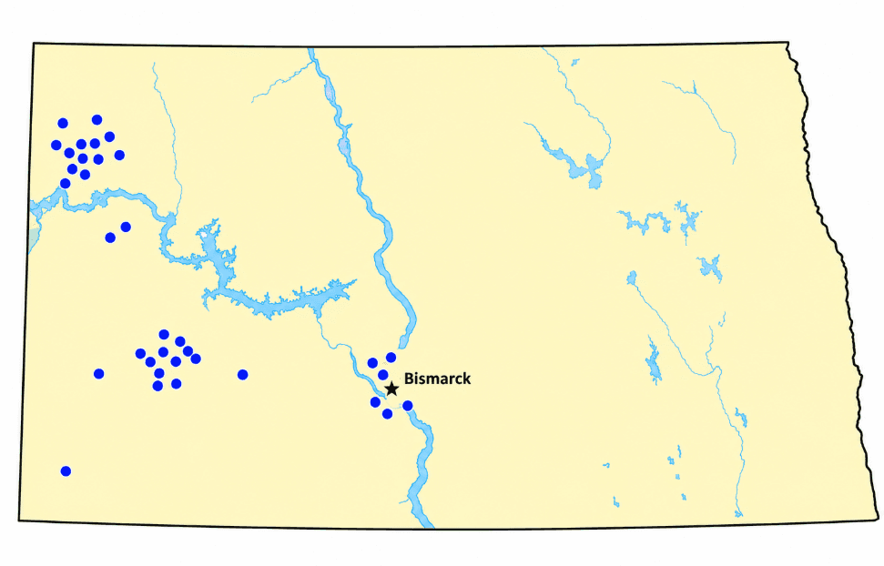 Map of North Dakota dotted with every home where American Remodeling has completed an exterior remodeling project