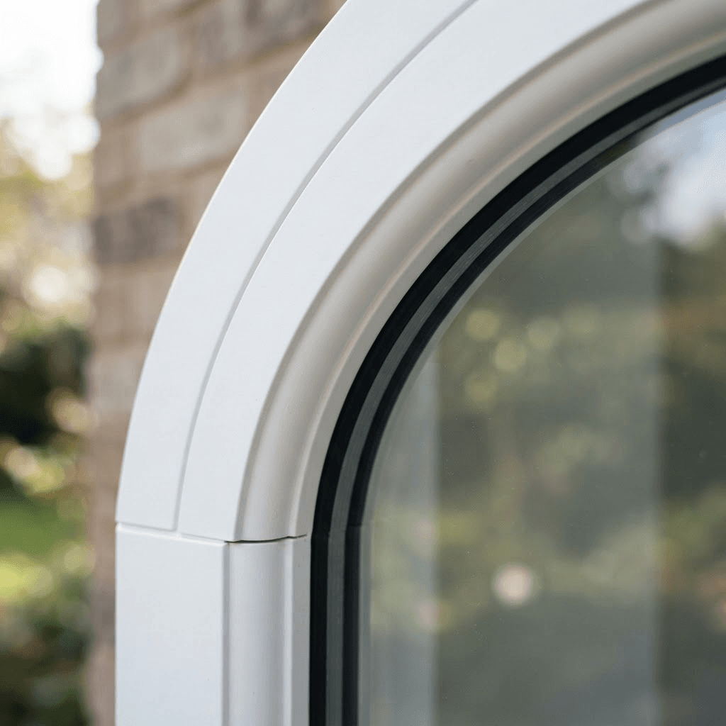 Close-up of the curved frame of an arched custom-shape window