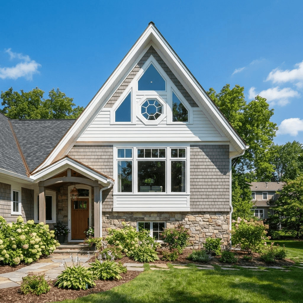 Gable end of a home with a custom geometric accent window following the roofline
