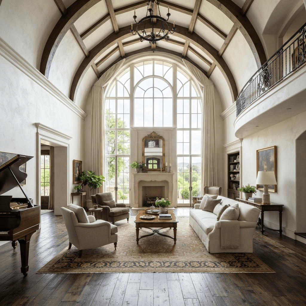 Vaulted-ceiling interior with a large arched accent window letting in natural light