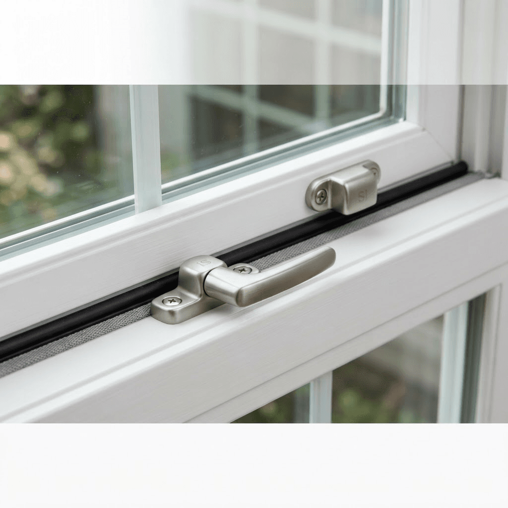 Close-up of a double hung window sash lock and weather seal