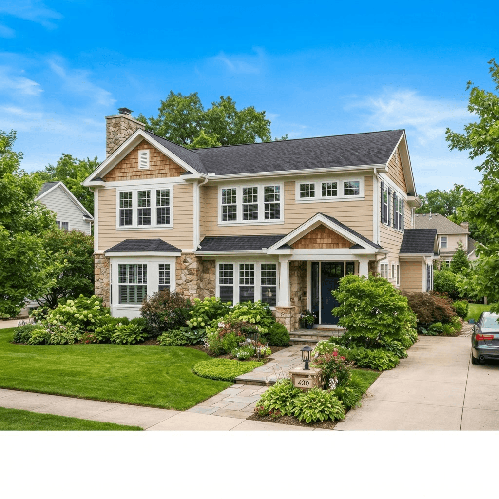 Exterior of a home with white double hung replacement windows