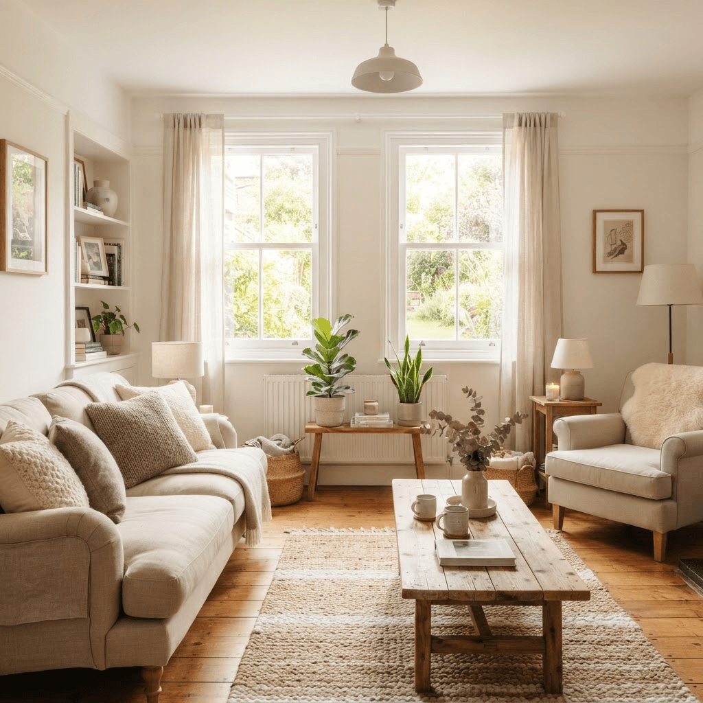 Bright interior room with double hung windows letting in natural light