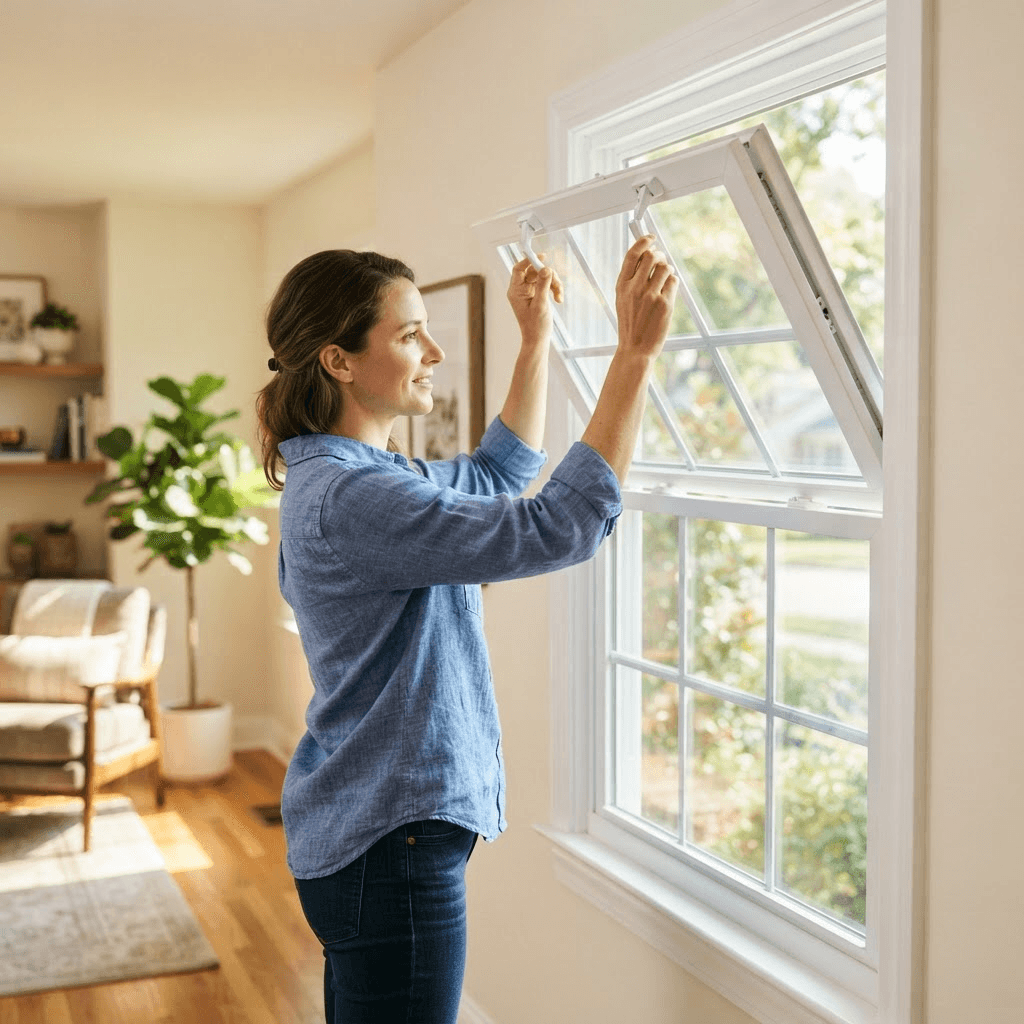 Homeowner tilting in the sash of a double hung window to clean it from inside