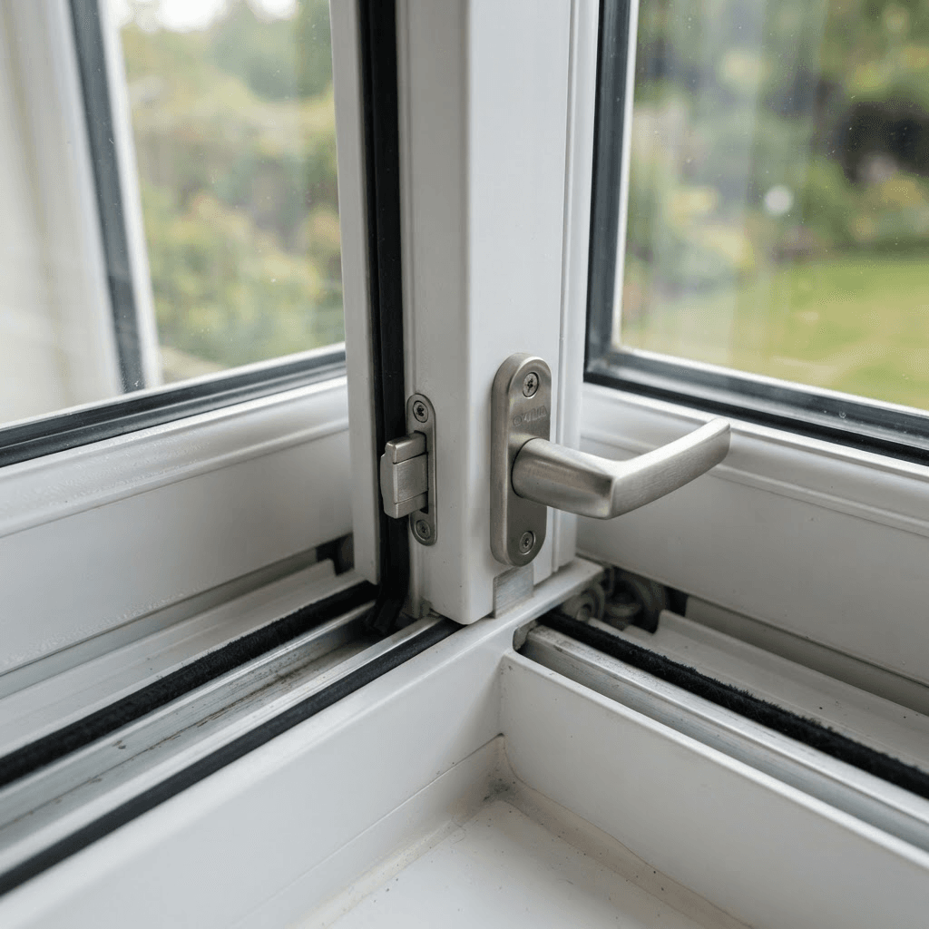 Close-up of the meeting rail and lock of a double slider window on its tracks