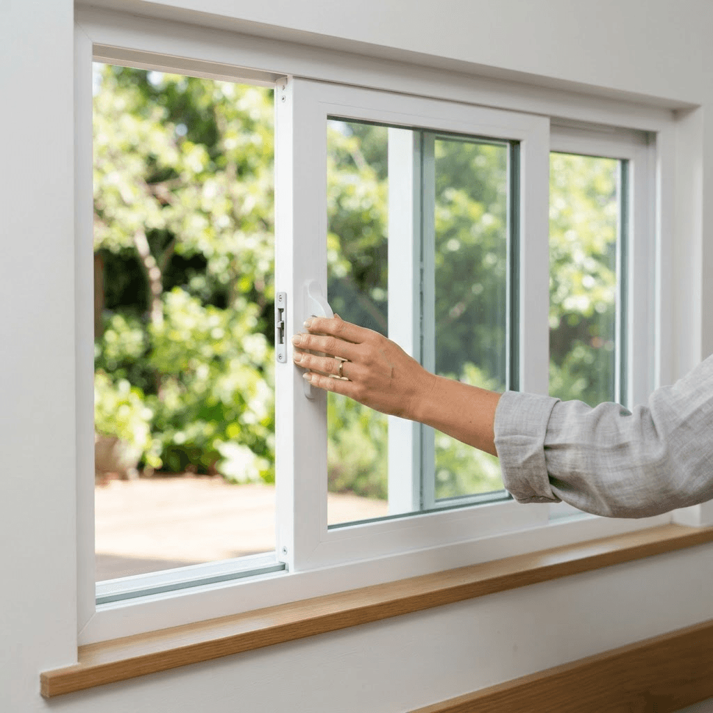 Hand sliding open one sash of a horizontal double slider window