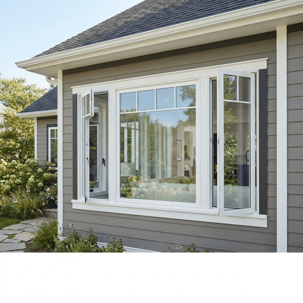 A central picture window flanked by two operable casement windows on a home exterior
