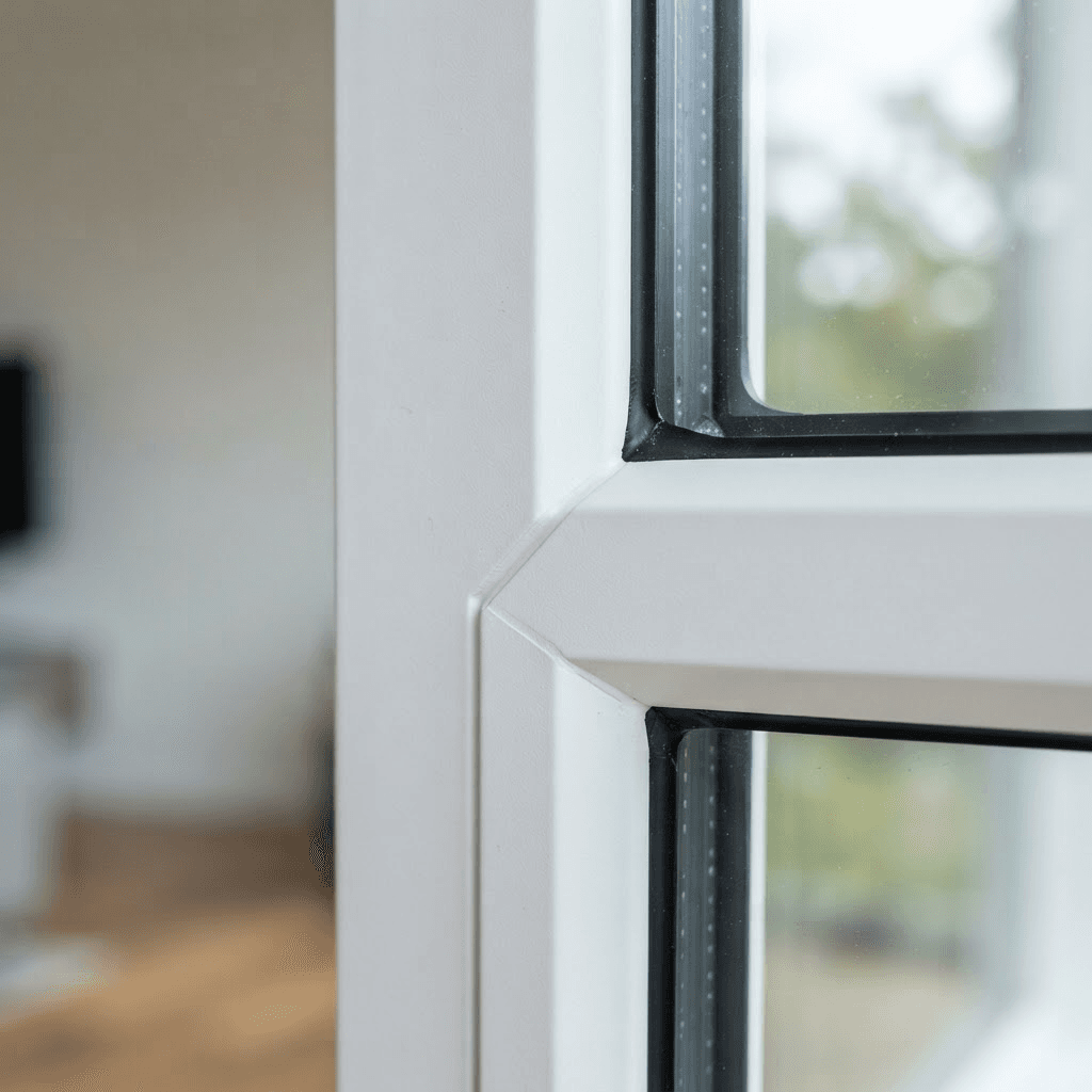 Close-up of a slim picture window frame corner and insulated glass edge