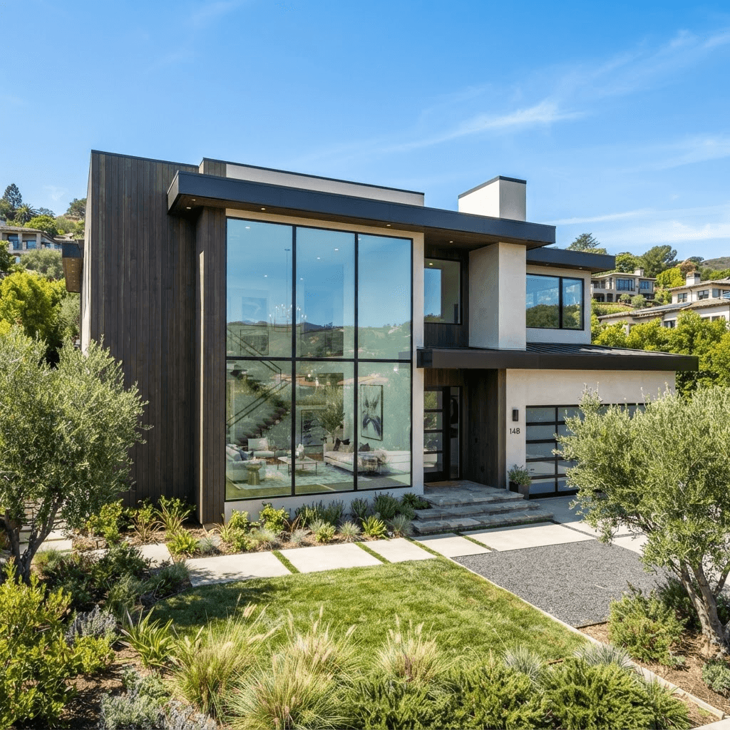 Exterior of a modern home with a large fixed picture window offering an unobstructed view