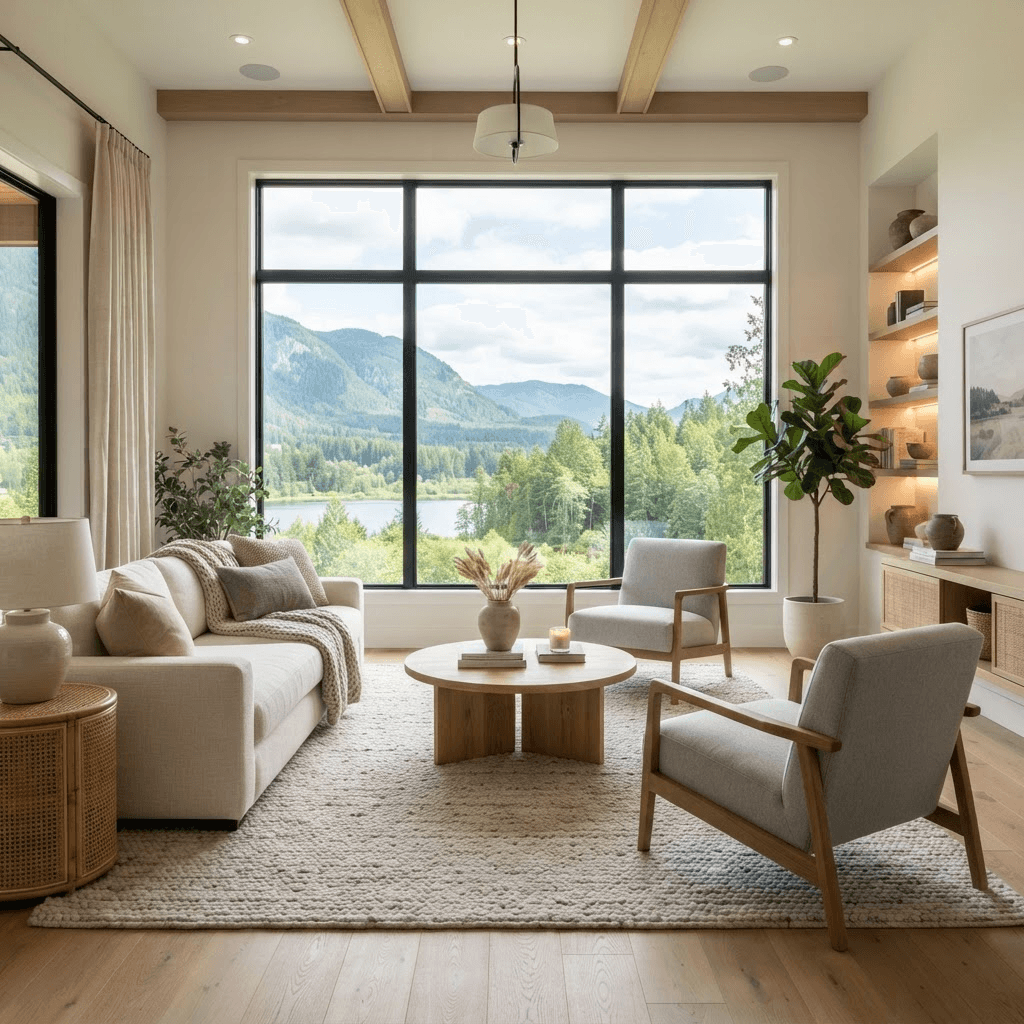 Bright living room with a large picture window framing an outdoor view and flooding the space with light