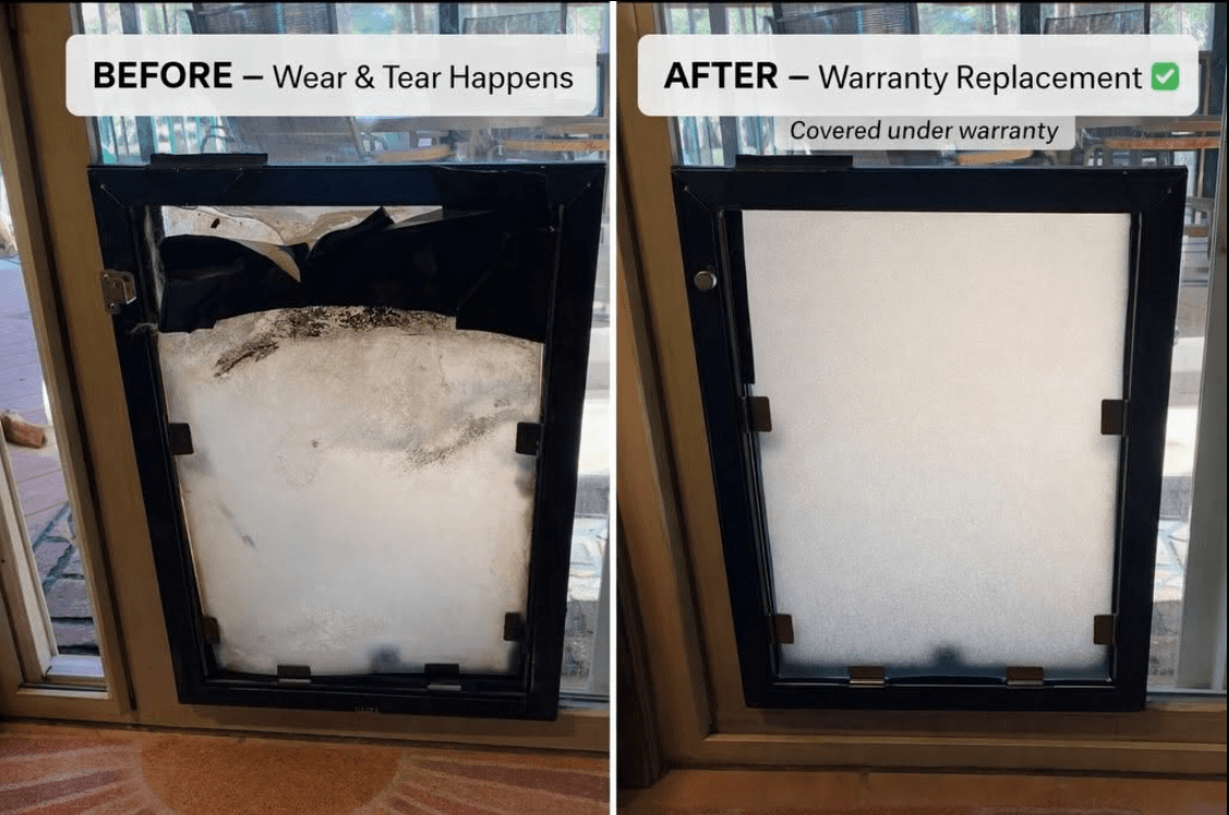 Before and after of a pet door flap: torn, dirty flap on the left and a clean replacement flap installed under warranty on the right