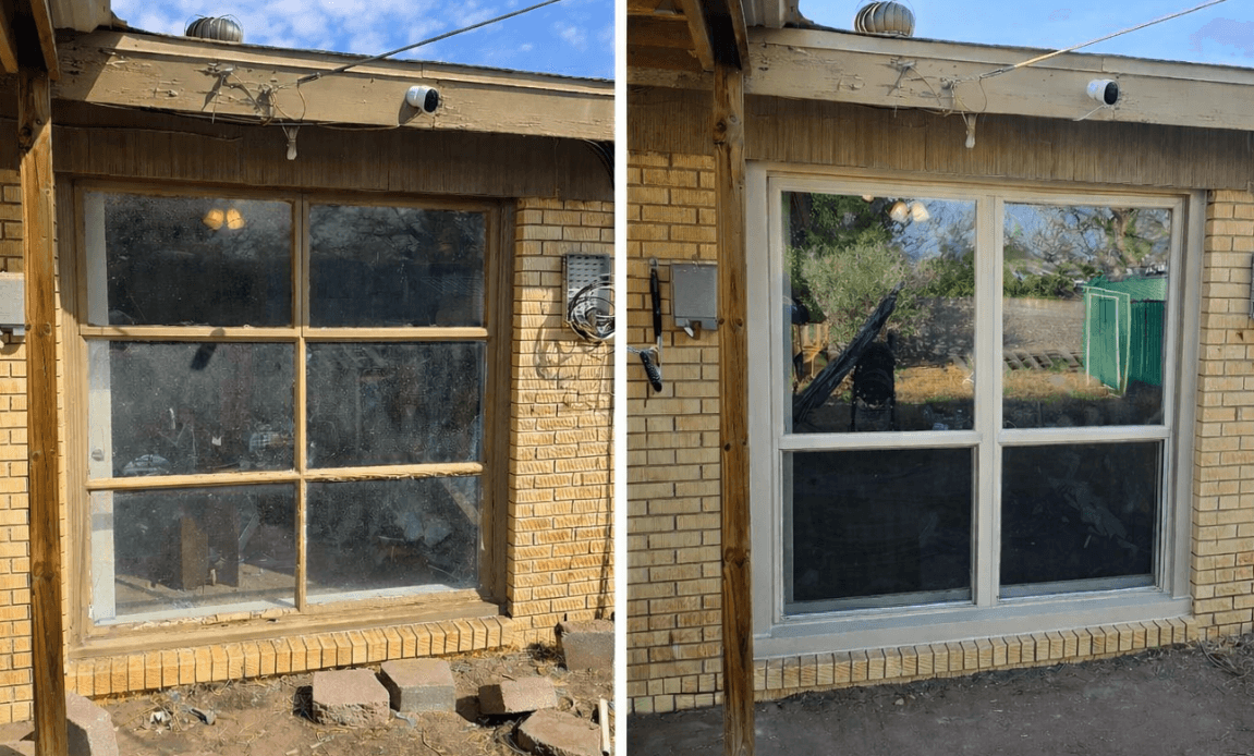 Before and after: an old single-pane window replaced with twin almond-framed single-hung windows on a yellow brick home