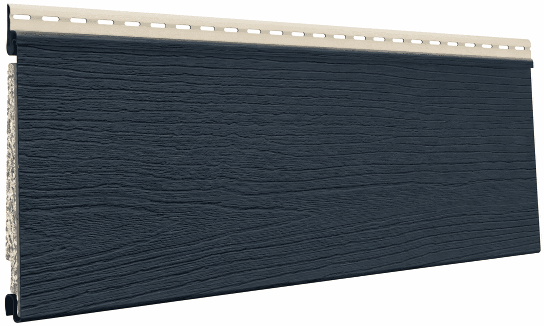 WeatherMax Xtreme composite siding panel in a dark wood-grain finish, showing the nailing hem and dense composite core edge