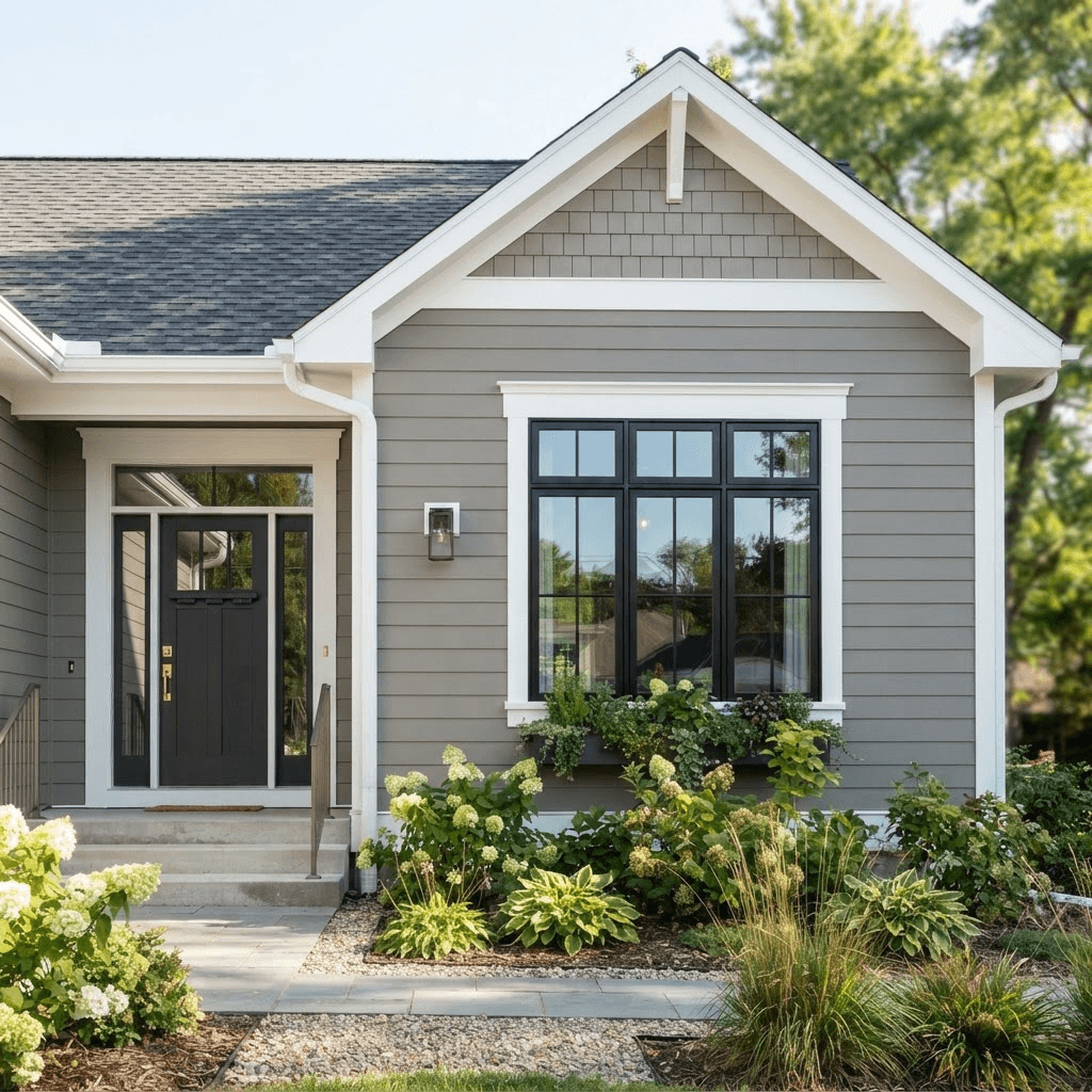 Crisp white trim against warm gray lap siding with a black-framed window