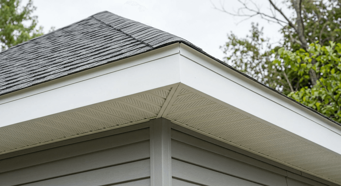 Close-up of white fascia along a roof edge and vented soffit panels under the eave