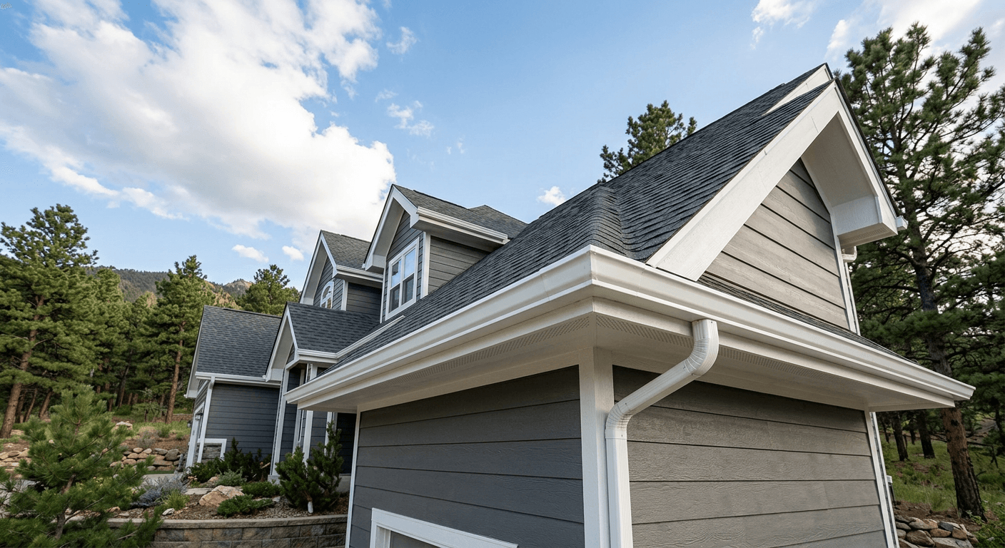 Two-story home with clean white fascia and vented soffit along the roofline above gray siding