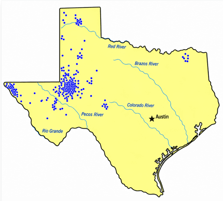 Map of Texas dotted with every home where American Remodeling has completed an exterior remodeling project
