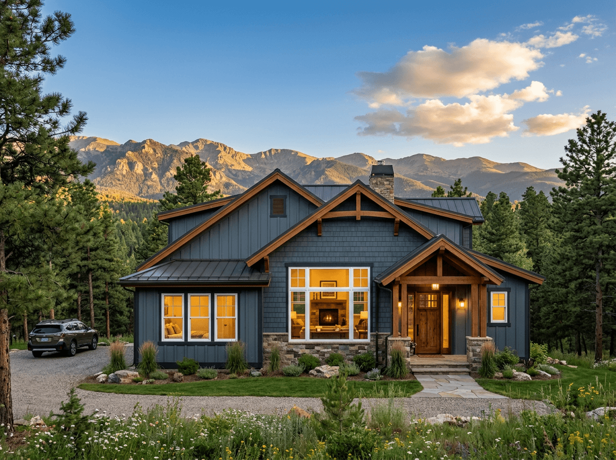 Mountain home with new white WeatherMax replacement windows glowing warmly at golden hour