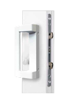 Contemporary sliding patio door handle shown in a representative white finish