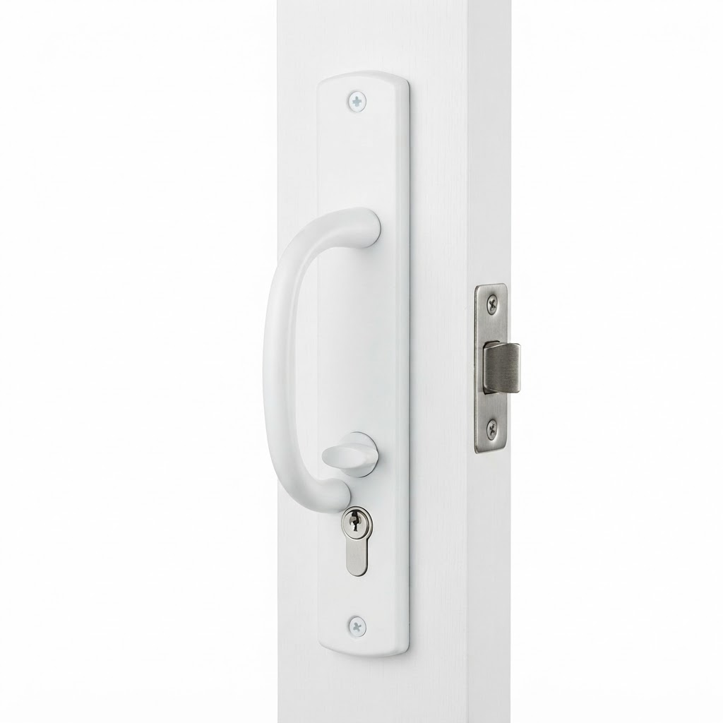 Traditional sliding patio door handle shown in a representative white finish